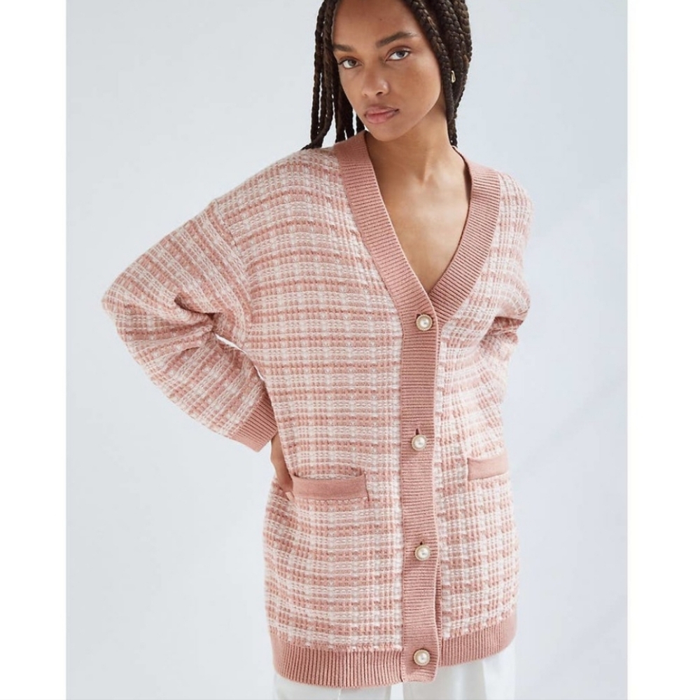 BABATON Pink White Oversized 100% Wool Lacer Cardigan